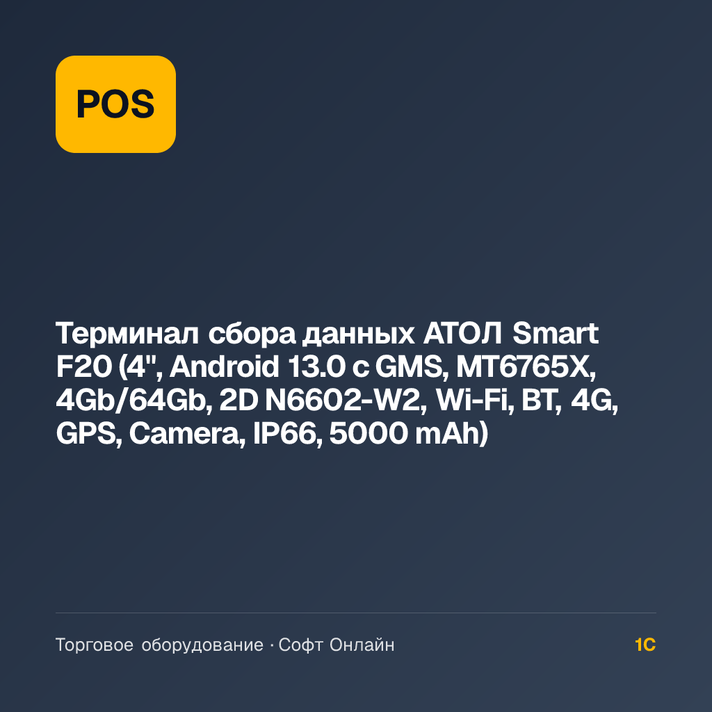 Терминал сбора данных АТОЛ Smart F20 (4", Android 13.0 с GMS, MT6765X, 4Gb/64Gb, 2D N6602-W2, Wi-Fi, BT, 4G, GPS, Camera, IP66, 5000 mAh)